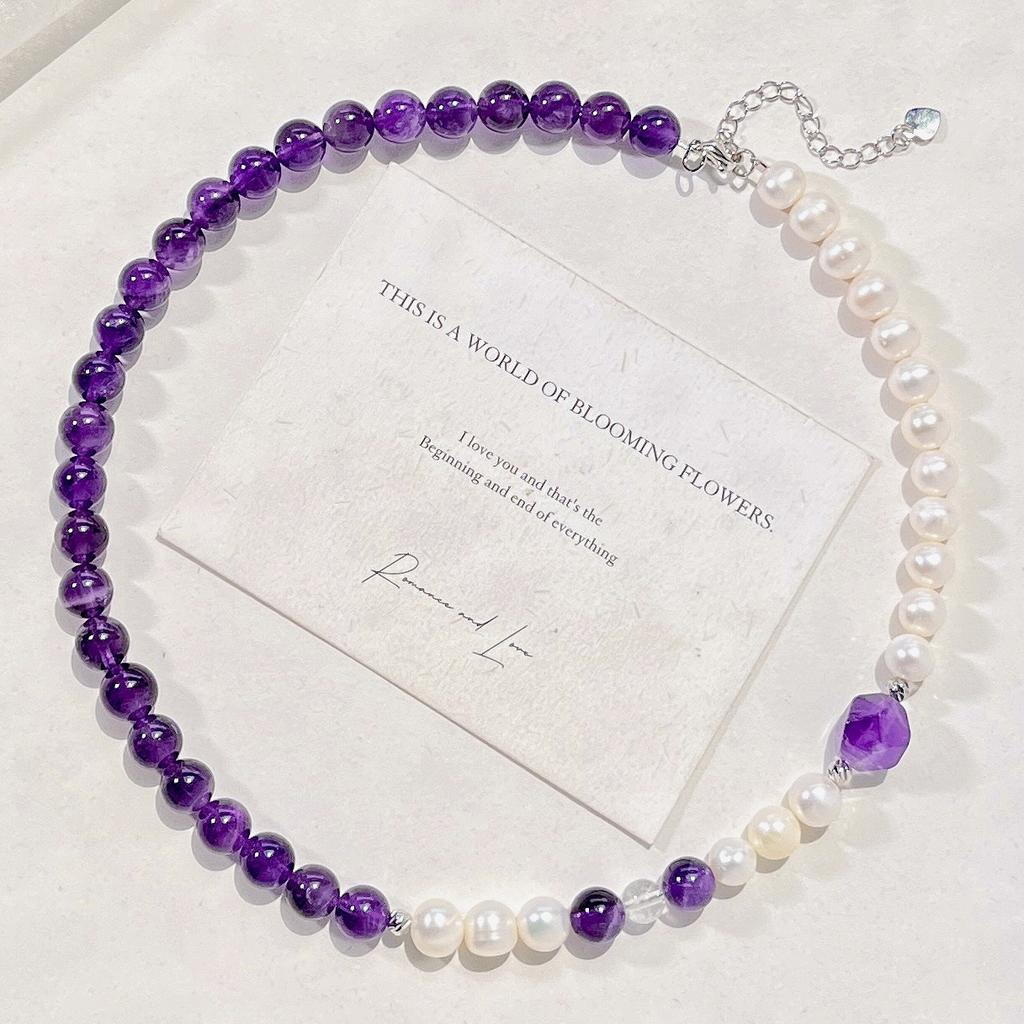 8Mm Vintage High Quality Natural Amethyst Freshwater Pearl Design Sense Necklace Clavicle Chain