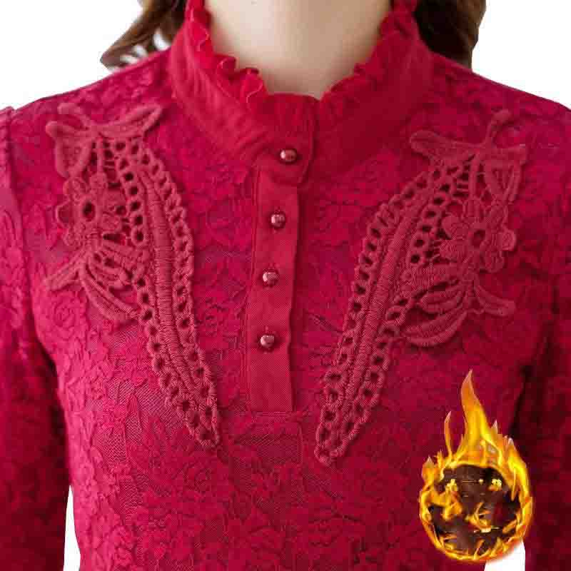 Camisa de encaje de otoño e invierno Camisa superior ajustada Camisa de mujer de talla grande con relleno de terciopelo y calidez