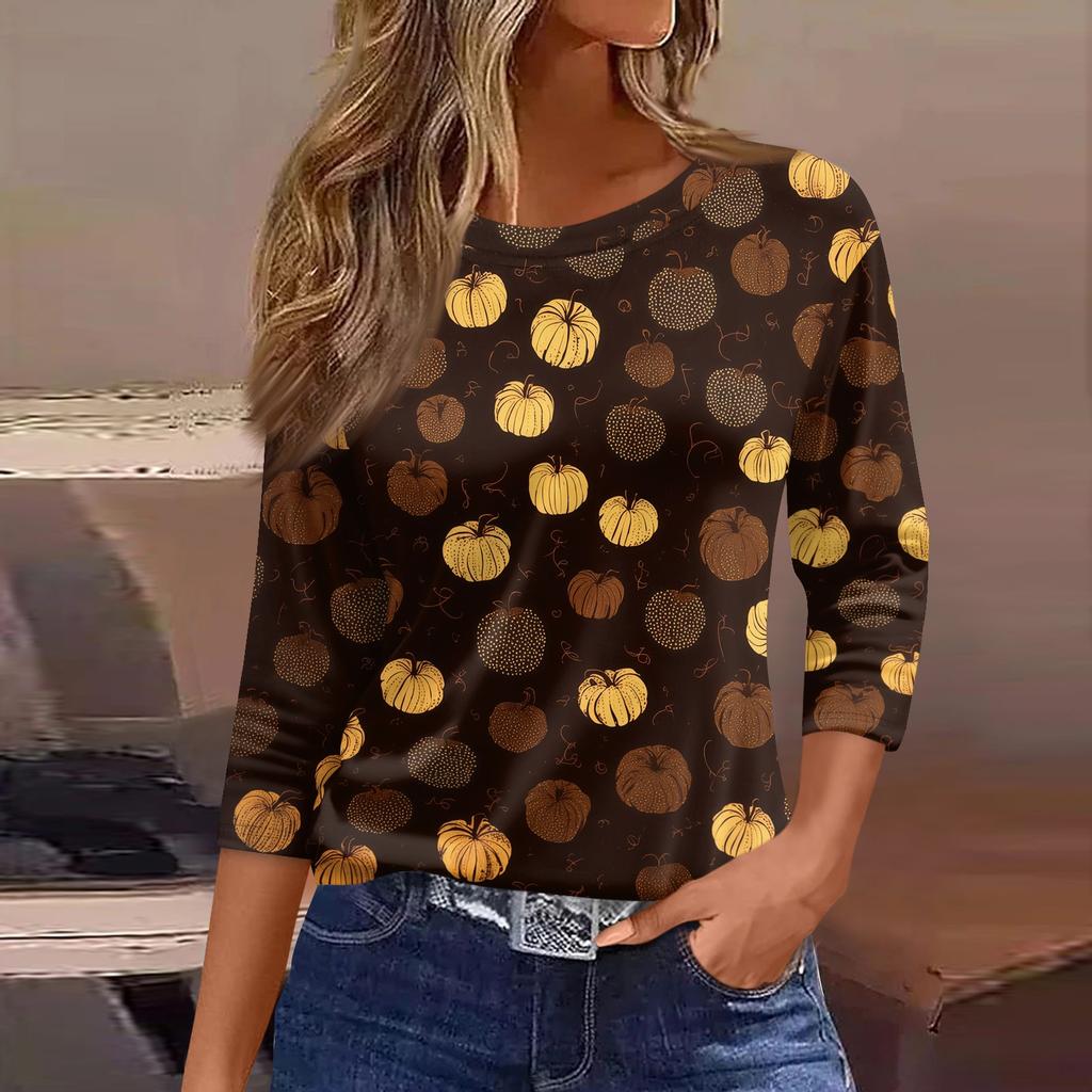 Women's 3/4 Sleeve Casual Loose Fit Round Neck Shirt Halloween Pumpkin Print T-Shirt Comfortable Lightweight Top for Everyday Wear