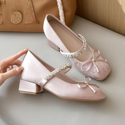 Fashion Women Mid Heels Bow Shoes Crystal Heeled Ballet Dance Shoes Designer Luxury Summer Pumps 2025 New Brand Marry Jane Shoes Zapatos