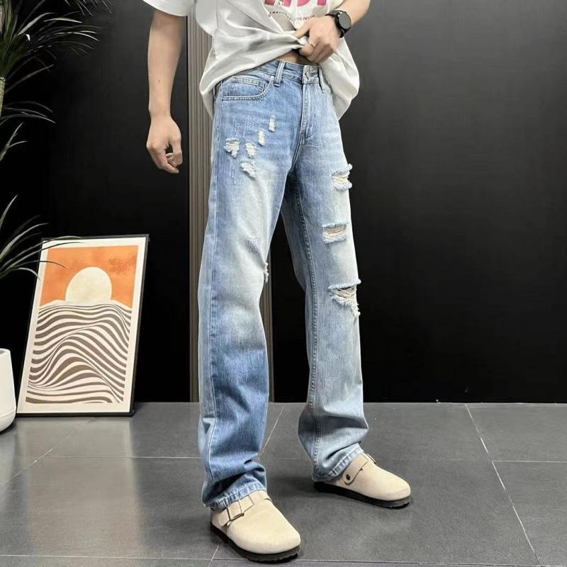 Spring and Summer American Ripped Scratched Retro Trend Fashion Washed Versatile Men's Narrow Straight Jeans Pants Tide
