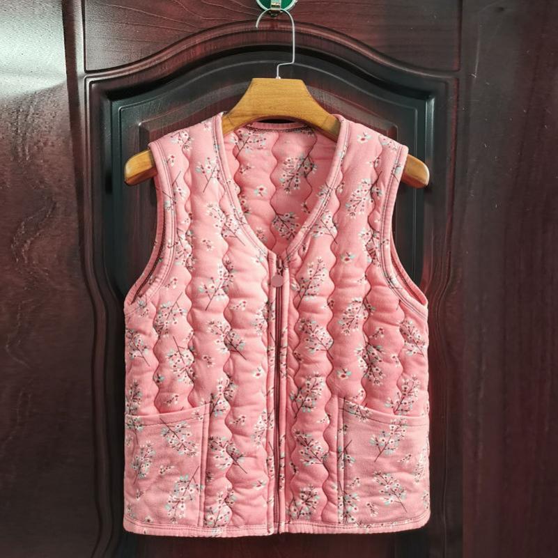Spring and Autumn Floral Cotton Waistcoat Women's Warm Stretch Outer Wear Vest Zipper Milk Silk Short Section To Increase Waistcoat Fashion