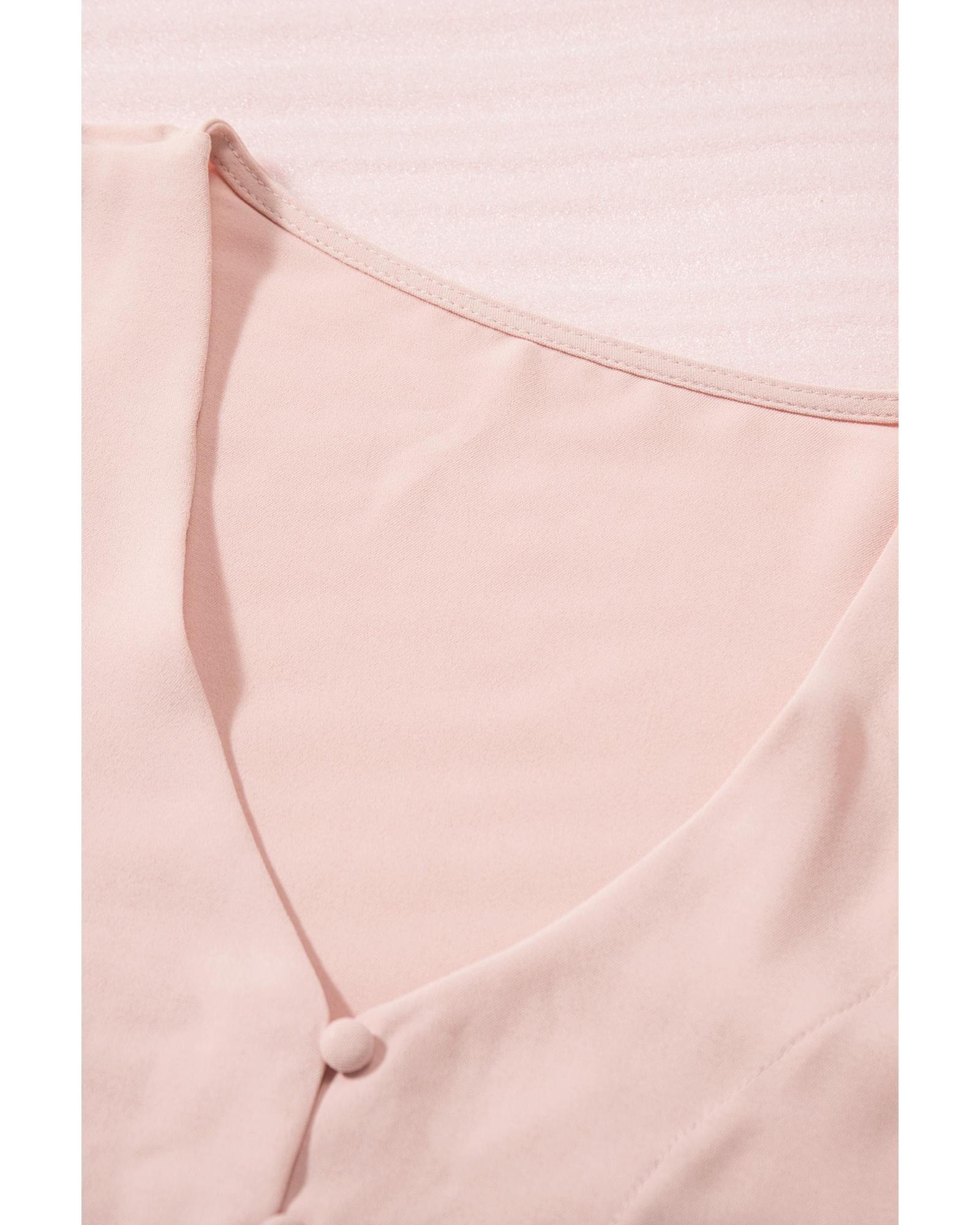 

Azura Exchange Pink V Neck Lace Splicing Cuffs Button Knotted Blouse L розовый