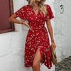 European and American Summer New Women's Temperament Elegant French Print Skirt V-neck Lace-up Dress Women