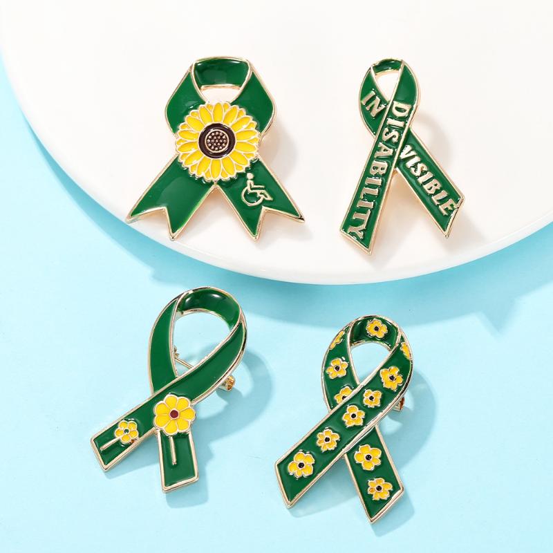 Sunflower Pattern Red Ribbon Theme Lapel Pins Green Disability In Visible Enamel Brooches For Disabled Person
