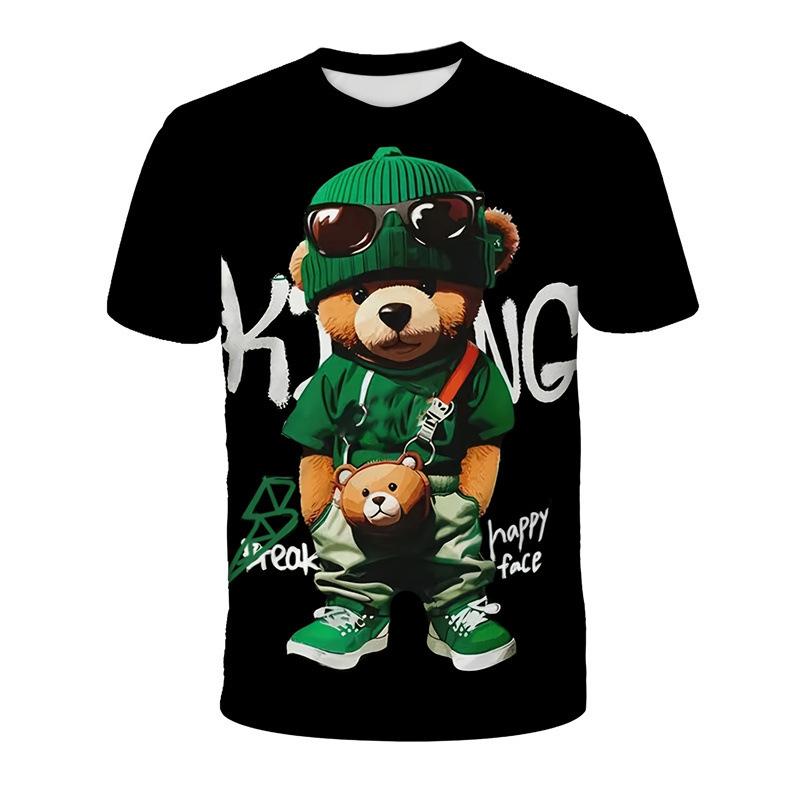 Summer Round Neck Cute Bear Graphic 3D Print Top Fashionable Casual Short Sleeved Men's T-shirts