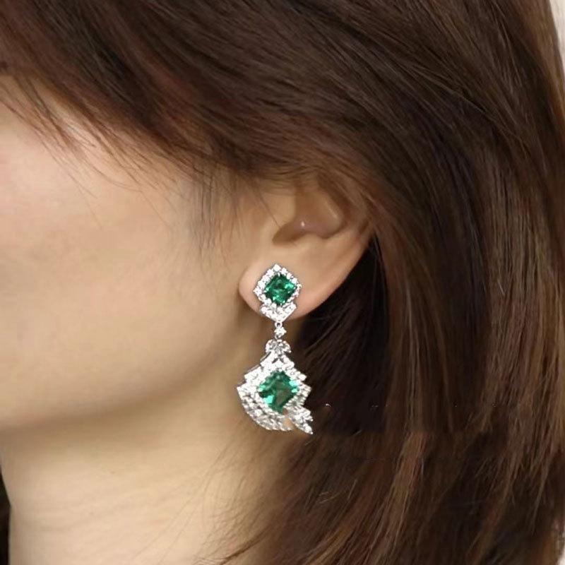 Retro Luxury Emerald Zirconia Stud Earrings with Micro-Set Diamonds - European & American Fashionable Design