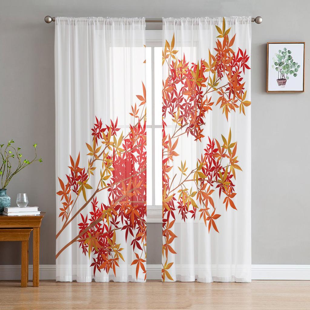 Youth Bedroom Sheer Curtains Maple Leaf Falling Yellow Kitchen Study Hanging Curtains Living Room Holiday Decor Tulle Curtains