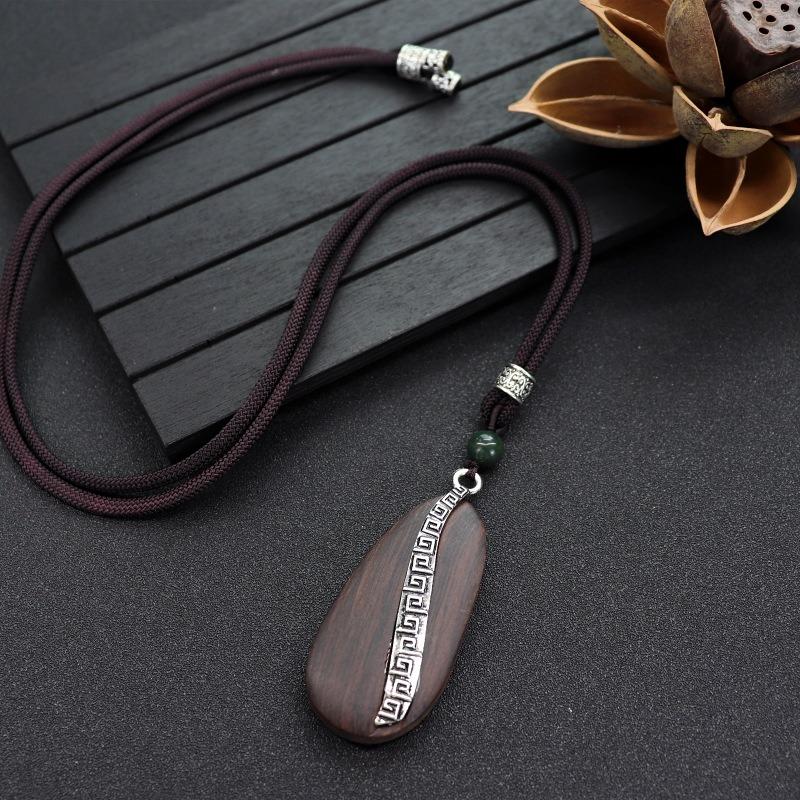 Retro Literary and Artistic Long Ebony Necklace Wooden Pendant Women's Simple Zen Sweater Chain Cotton and Linen Accessories