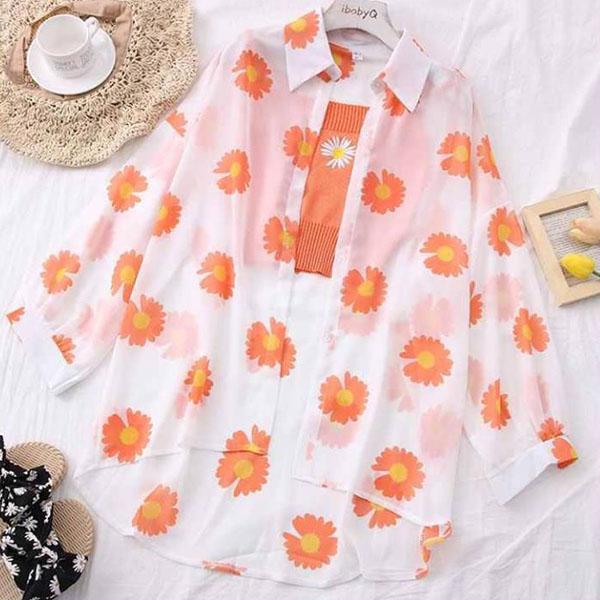 

WTEMPO женские весенне-летние универсальные тонкие шифоновые рубашки с длинными рукавами с принтом маргариток, большие размеры, свободные солнцезащитные дышащие рубашки, пальто с пуговицами S оранжевый