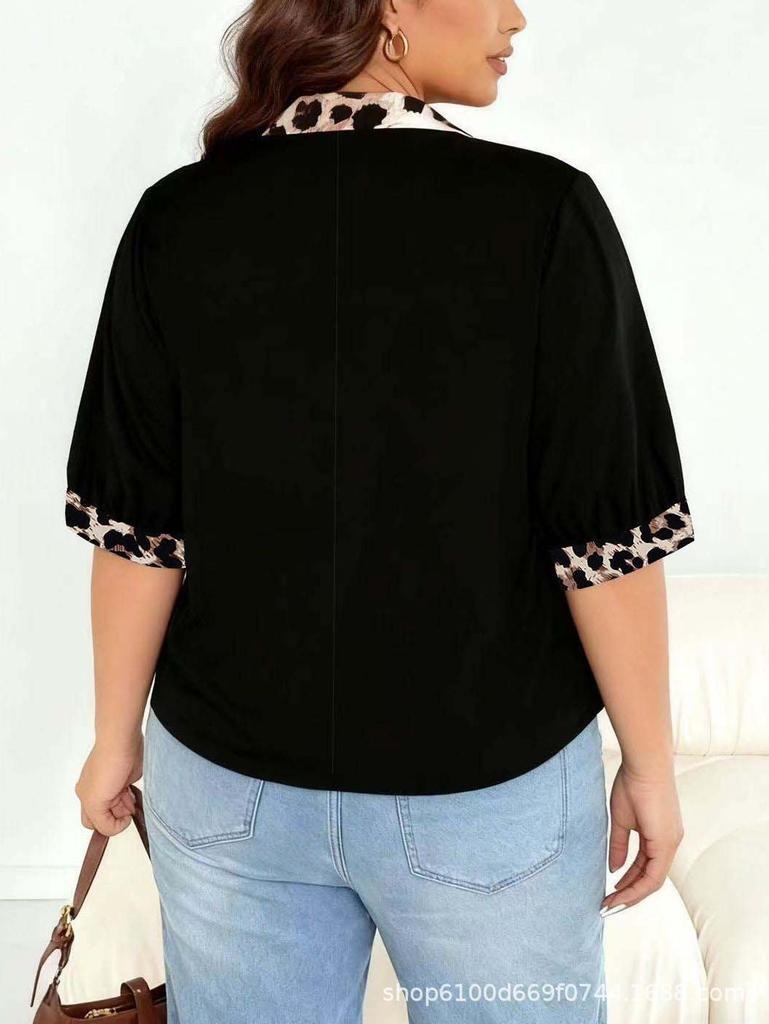 Damen Plus Size Patchwork-T-Shirt mit Leopardenmuster - Frühling/Sommer Kurzarm