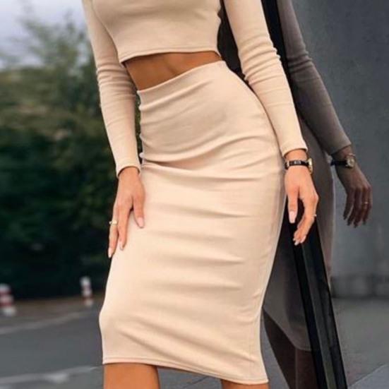 Trendy Solid Color Round Neck Two Pieces Set High Waist Soft Autumn Top Skirt Suit For Party