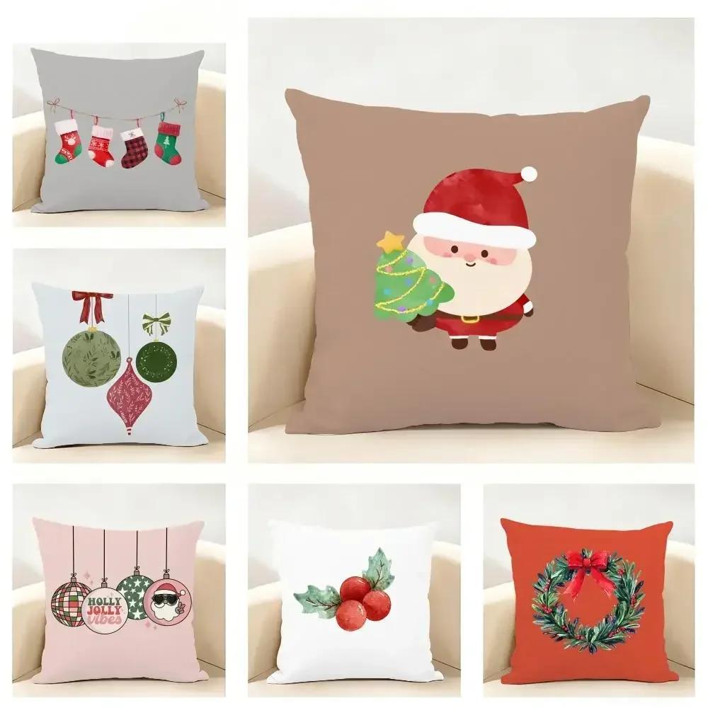 Cute Santa Claus Christmas Cushion Cover Linen Minimalist Soft for Sofa Bed Home Room Decor