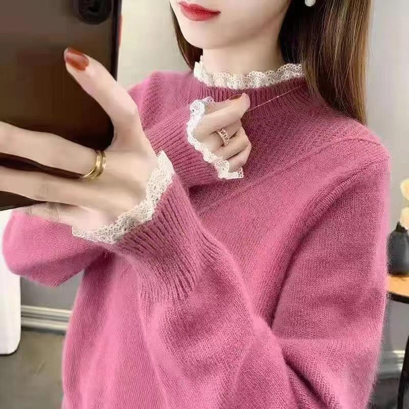 New Pullover Women's Top Lace Splicing Semi-turtleneck Sweater Femininity Knitted Bottoming Shirt