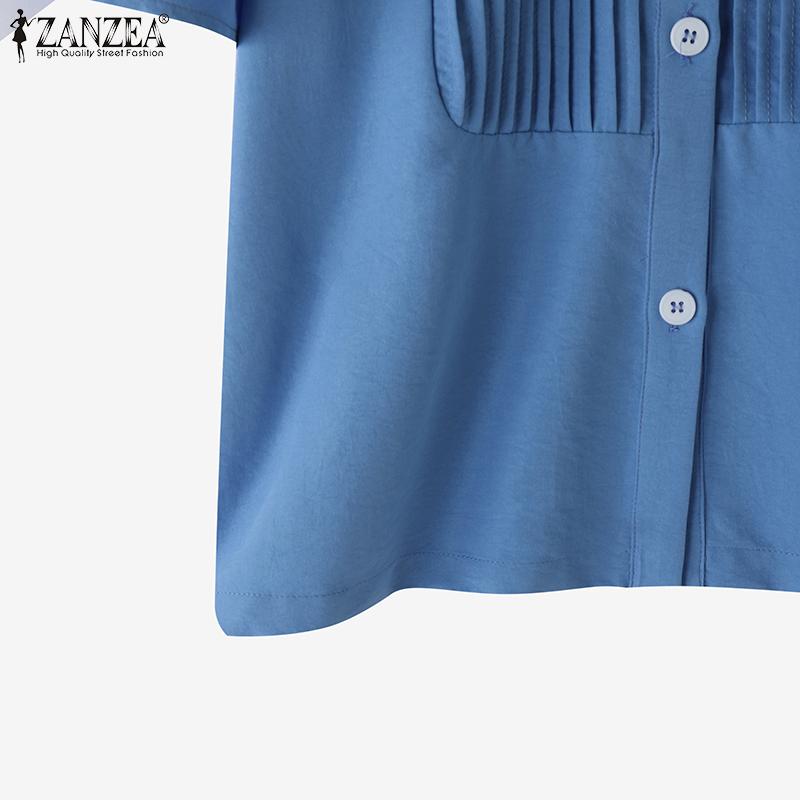 ZANZEA Women Casual Round Neck Summer Short Sleeve Button Blouse