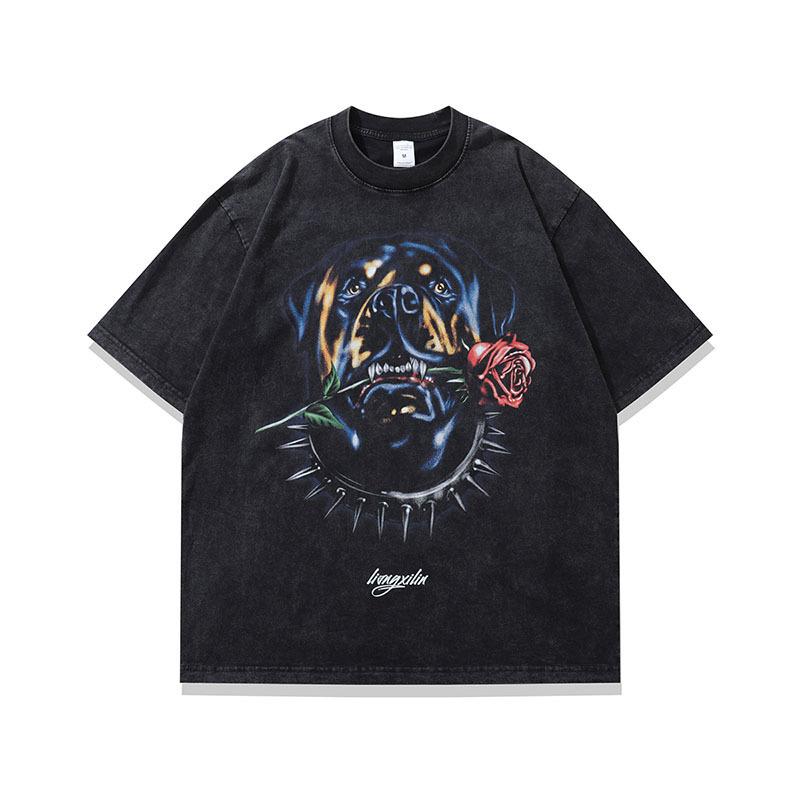 American Street T-Shirt Dog Head Rose Digital Direct Injection Printing Washing Water Cotton Short Sleeve T-Shirt Men