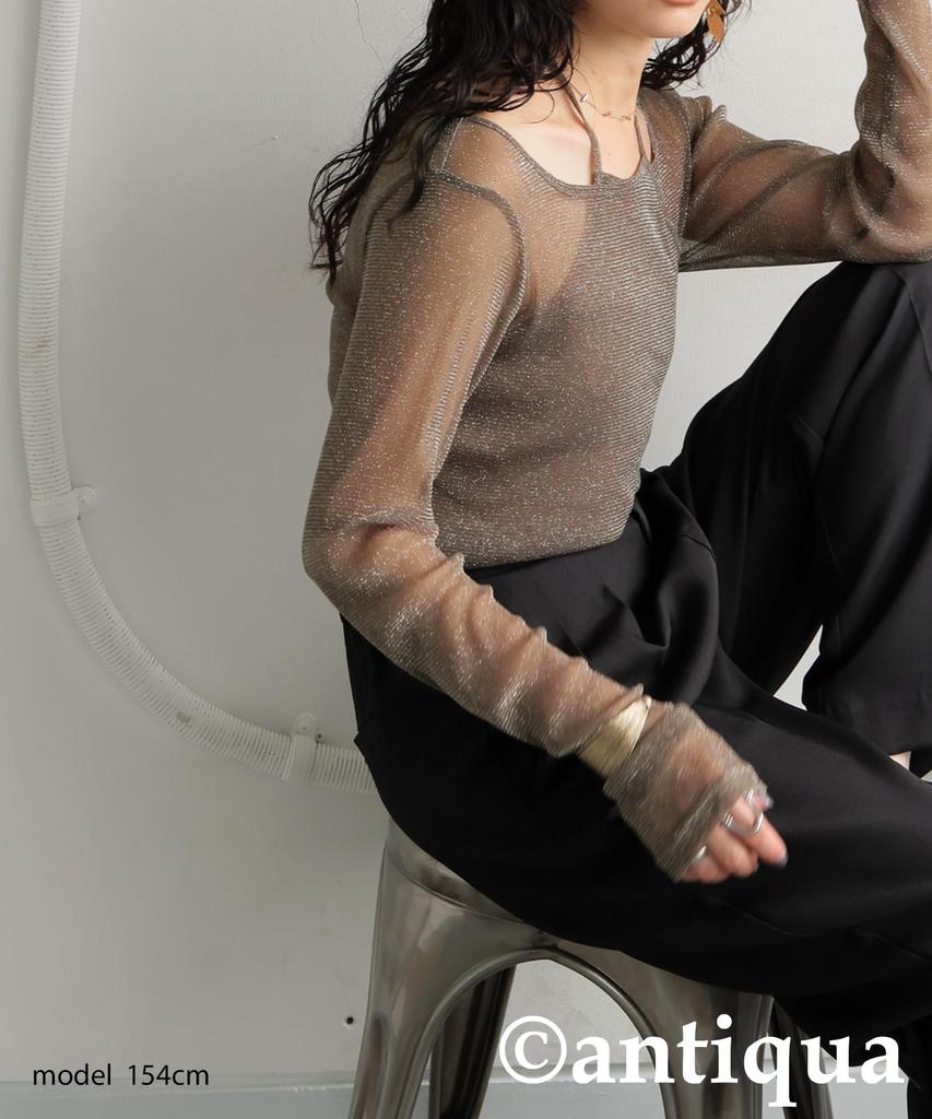 antiqua Women's Lamé Sheer Top, Long Sleeve, Tulle, ATR-00002, One Size 02, Olive Khaki