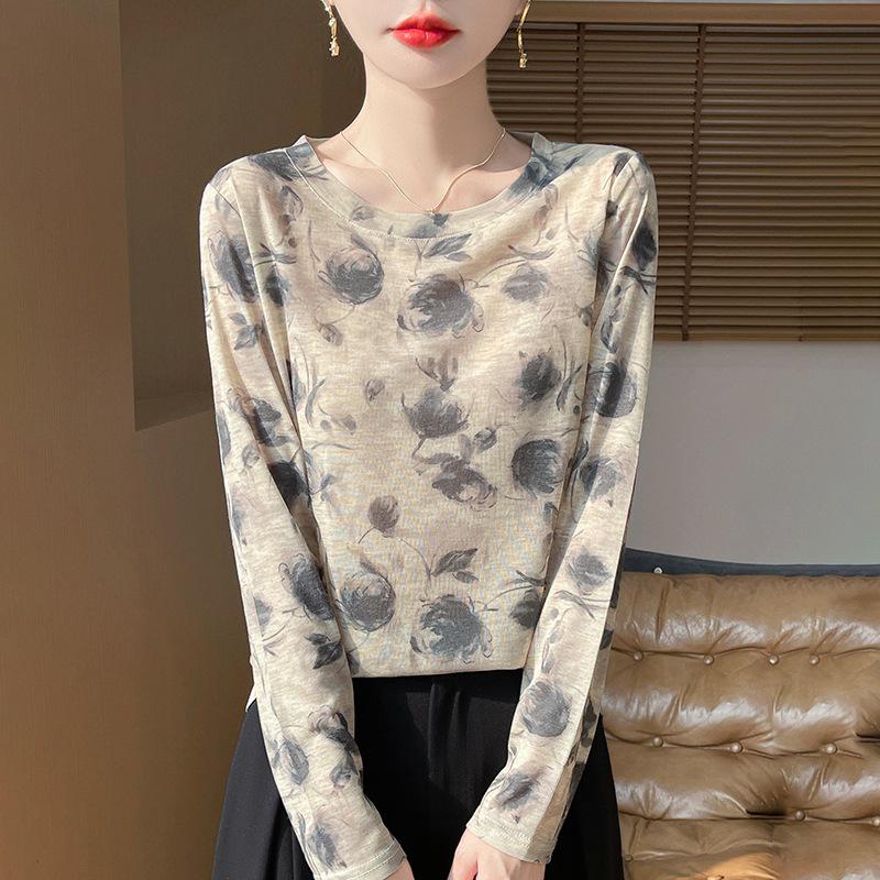 2025 Frühling/Sommer Retro Wasserlöslicher Batik Rundhals Damen Weiches Dünnes T-Shirt