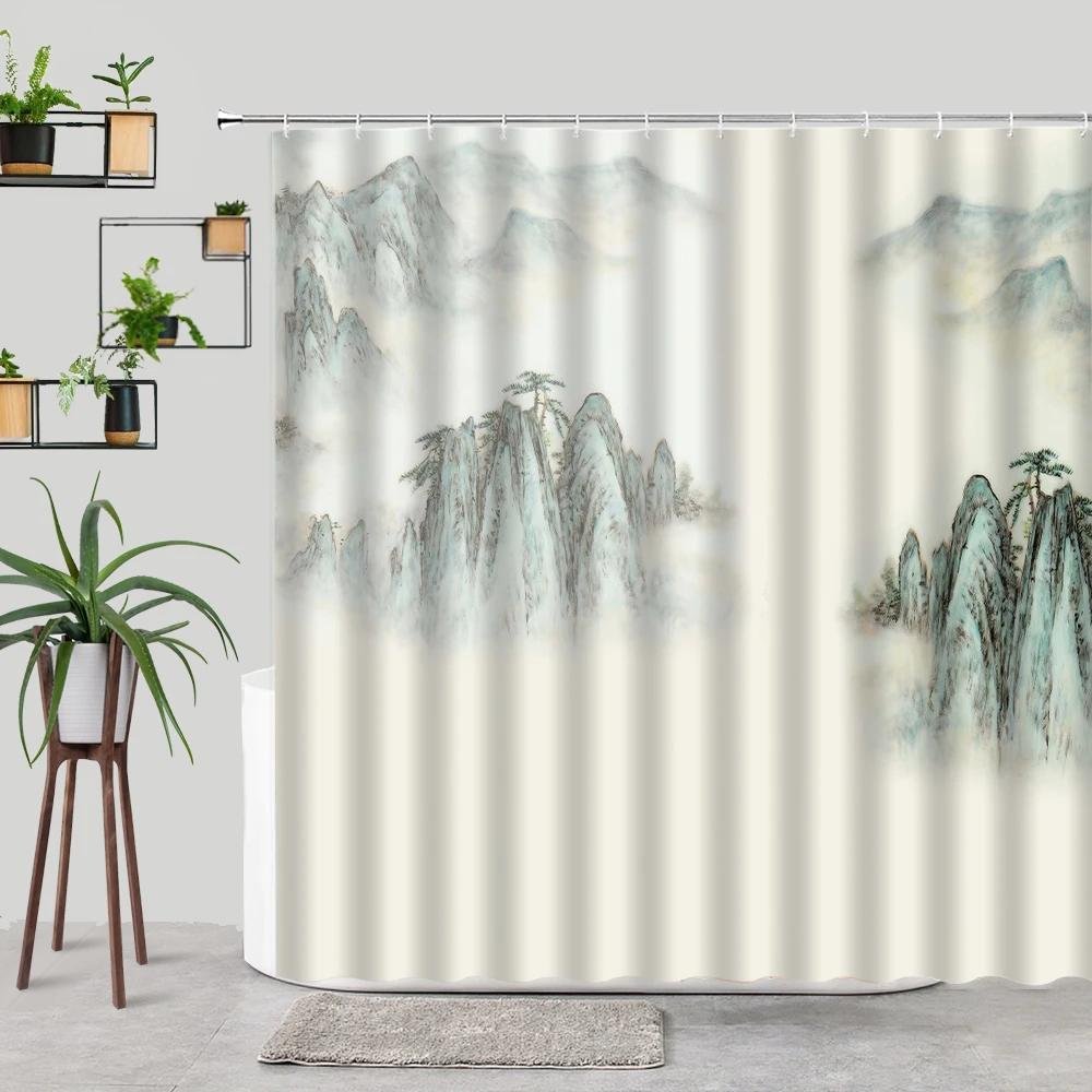 Waterproof Ink Painting Bamboo Leaves Bird Shower Curtains, Mountain Water Plant Landscape, Bathroom Curtain, Home Decor
