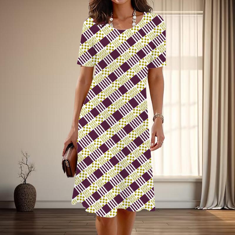 Damenmode Anmutiger Karomuster-Druck Sommer Frühling Kurzarm O-Ausschnitt Freizeitkleider