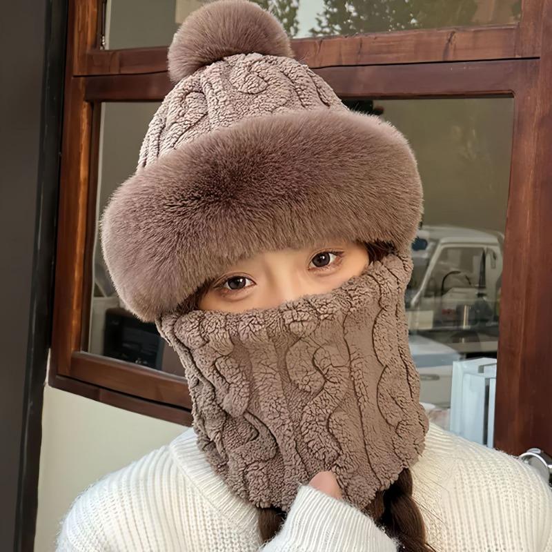 Hat, scarf, integrated fleece and thickened women's autumn and winter versatile cycling windproof and cold-proof electric vehicle thermal cover hat