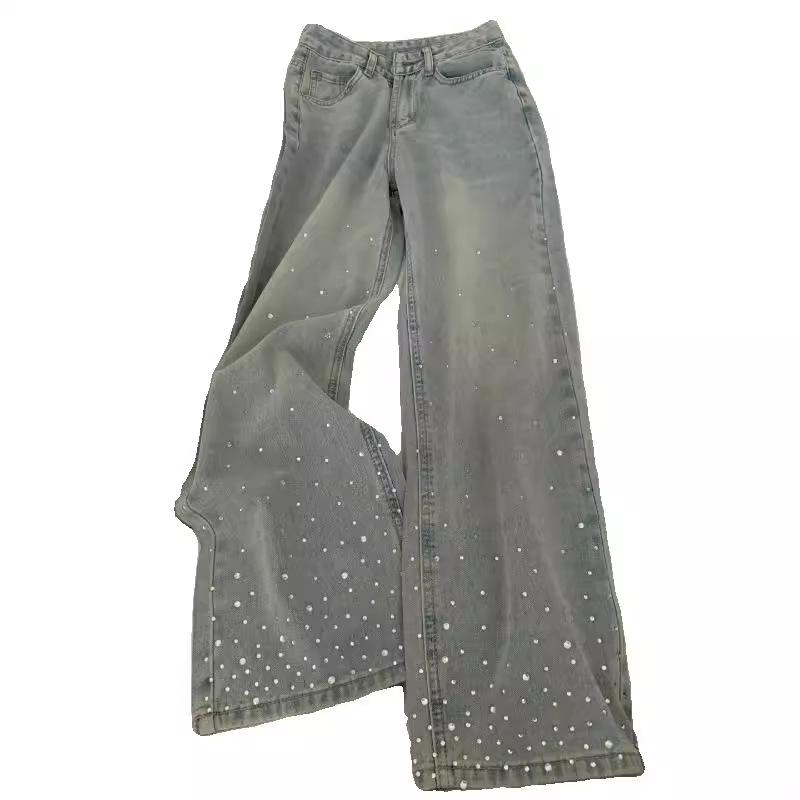 Autumn High Waist Light Straight Jeans for Women - Plus Size, Slim Loose Fit, Wide Leg with Hot Diamond Design
