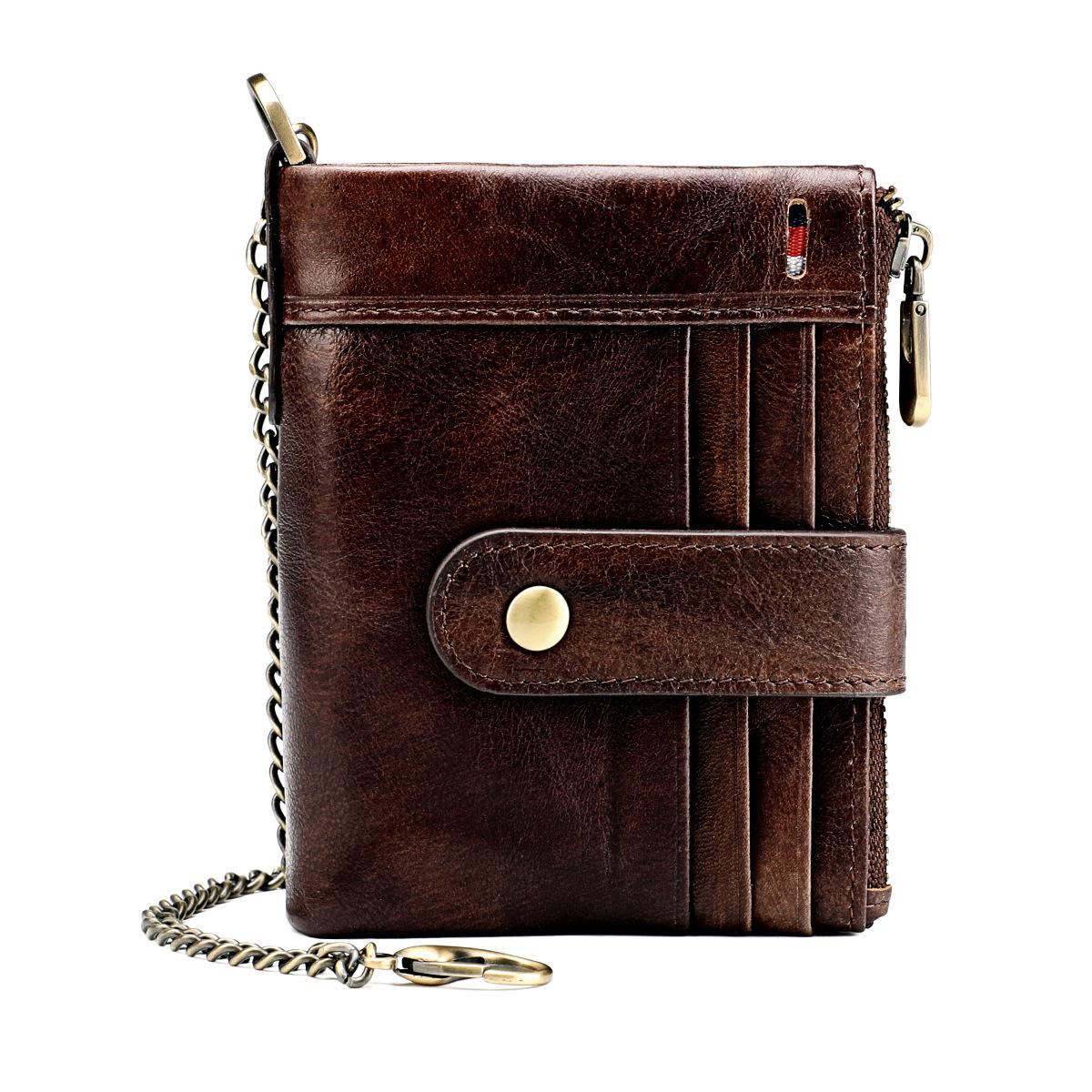 

Genuine Leather Wallet Men with Chain RFID Blocking High Capacity Double Zipper Coin Purse 17 Card Holder кавовий