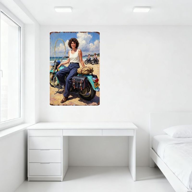 Vintage Adventure Beach Motorcycle Scene Metal Tin Sign - Curly Brown Hair Woman On Turquoise Bike with Tan Canvas Bag, Studded
