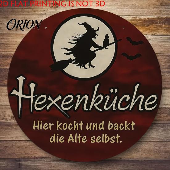 Indoor Halloween Wall Ornament Wooden Hanging Sign, Round Pendant for Front Door Decor, Full German Text Witch Sign Moon Bat Design Retro Holiday
