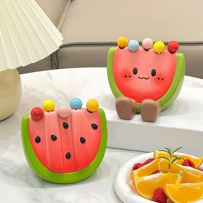 Multi-functional Ceramic Fruit Forks Receipt Jar Cartoon Creative Watermelon Fruit Fork with Storage Can Phone Holder