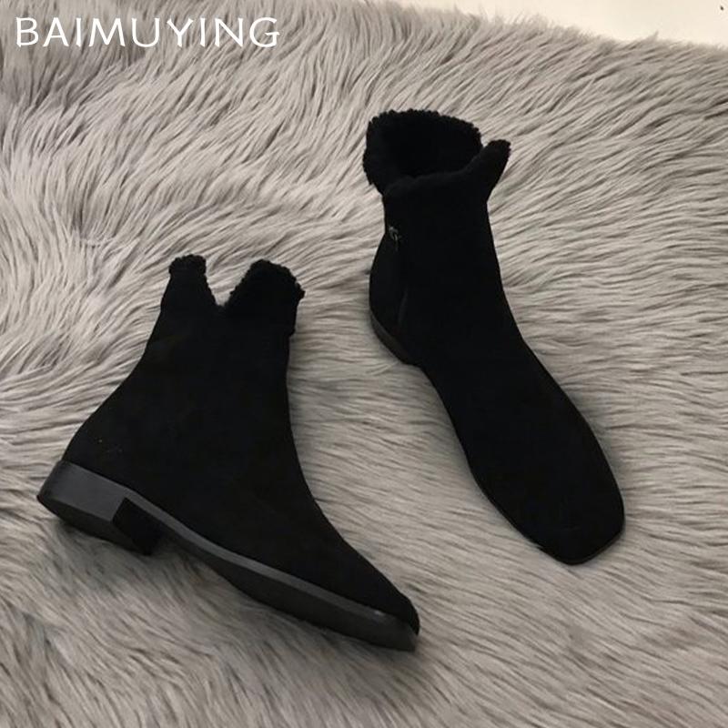 Suede Fur Women Flats Snow Ankle Boots Square Toe Short Plush Winter Cotton Shoes 2025 Trend Walking Warm Cozy Botas De Mujer