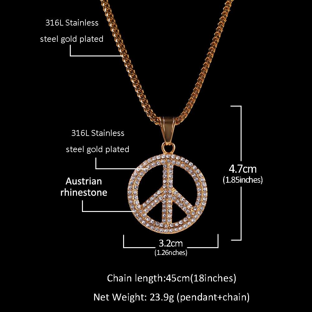 Hip Hop Vintage Retro Stainless Steel Rhinestone Pendant Necklace for Party Nightclub stainless steel peace