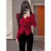French Red Bubble Sleeve Knit Top - 2025 Autumn/Winter Slim Fit Women's Base Layer