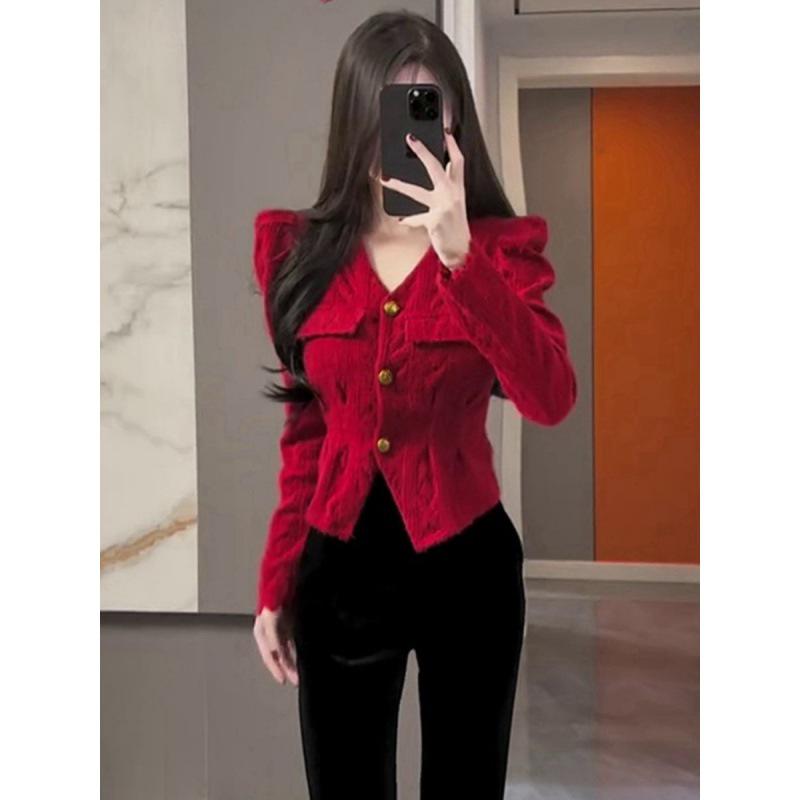 French Red Bubble Sleeve Knit Top - 2025 Autumn/Winter Slim Fit Women's Base Layer