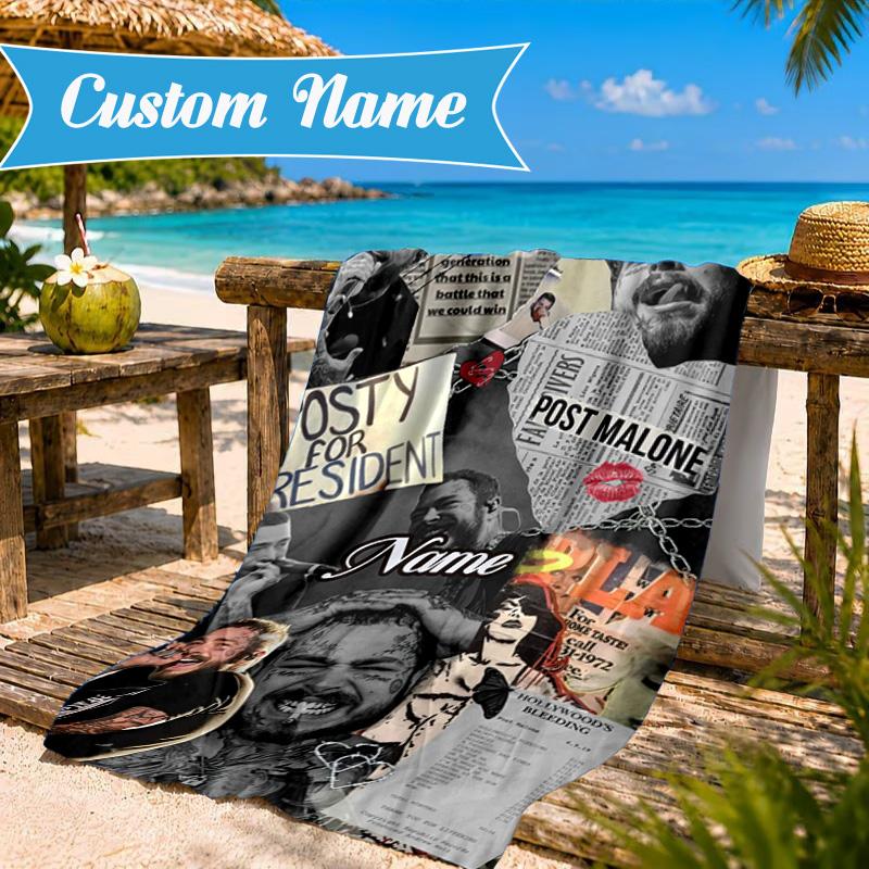Custom Name Beach Towel Post Malone Artwork Microfiber Beach Towel, Lightweight for Summer Travel, Swimming Pool Fan Birthday Gift