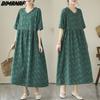 DIMANAF 2024 Übergröße Damen Frühling Sommer Kleid Vintage Dame Langes Kleid V-Ausschnitt Stil Locker Maxikleid Baumwolle Grün