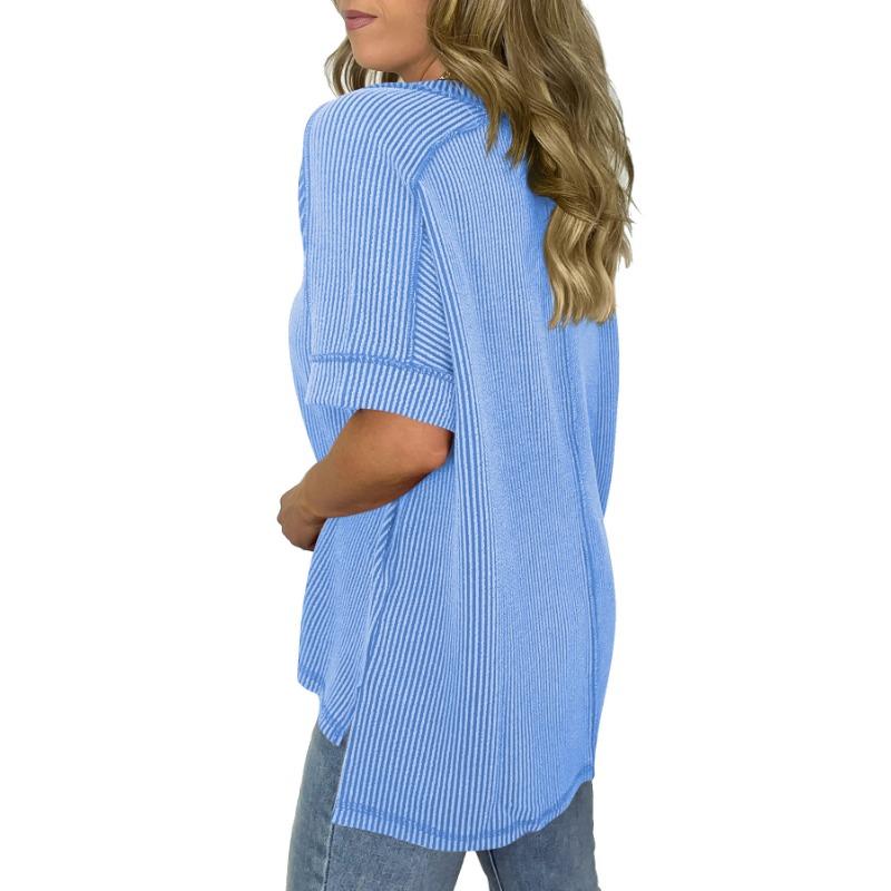 Women European Style V Neck Batwing Sleeve Spliced Slit Loose Pullover T Shirt