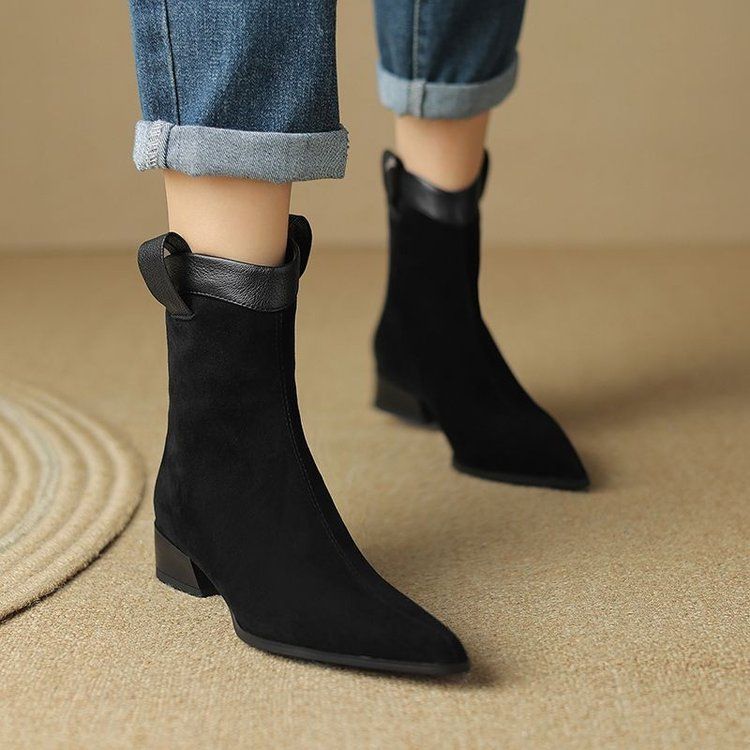 Soft suede vintage western cowboy boots women's thick heel boots winter frosted versatile pointed toe Chelsea boots booties