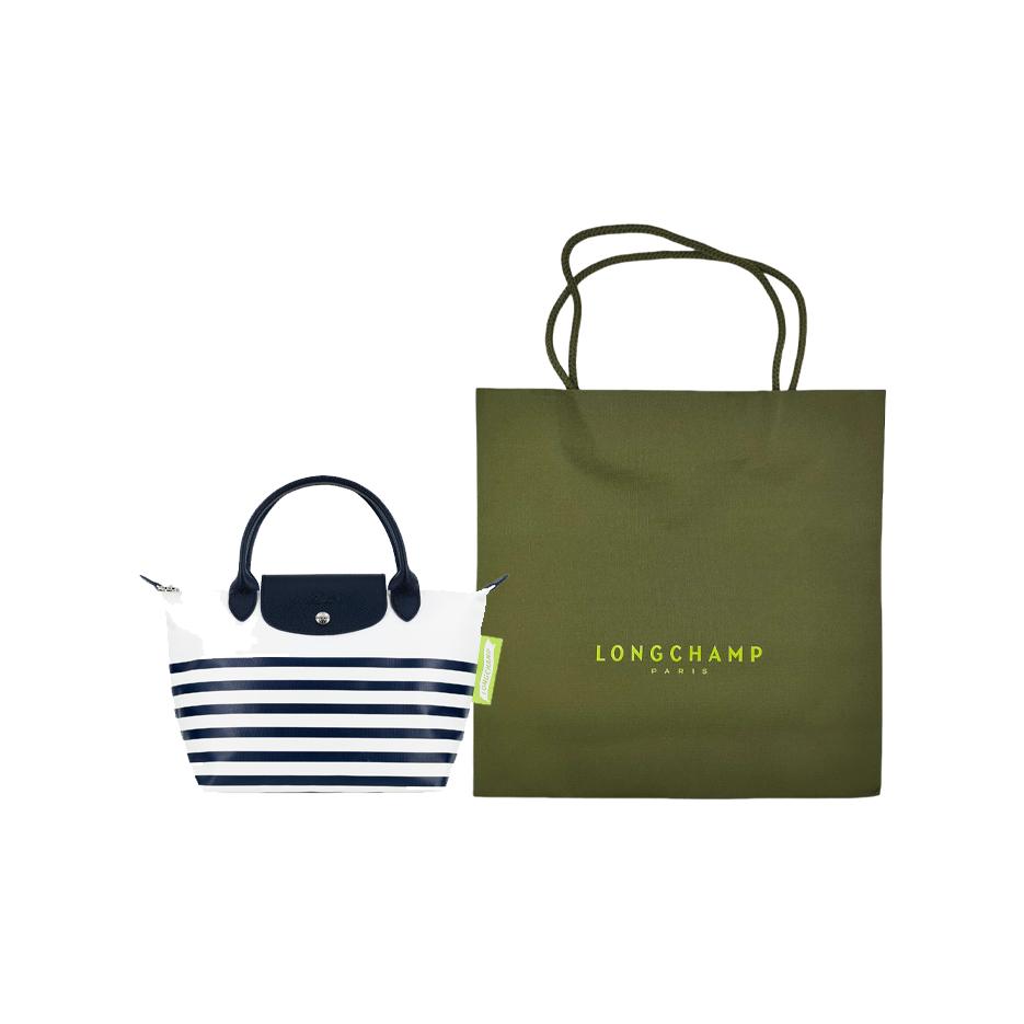 Longchamp Le Pliage 23 Striped Snap Zipper Closure Short Handle Canvas And Leather Dumpling Tote Bag Small Women Tote Bags Navy-Blue White 1621HDF165