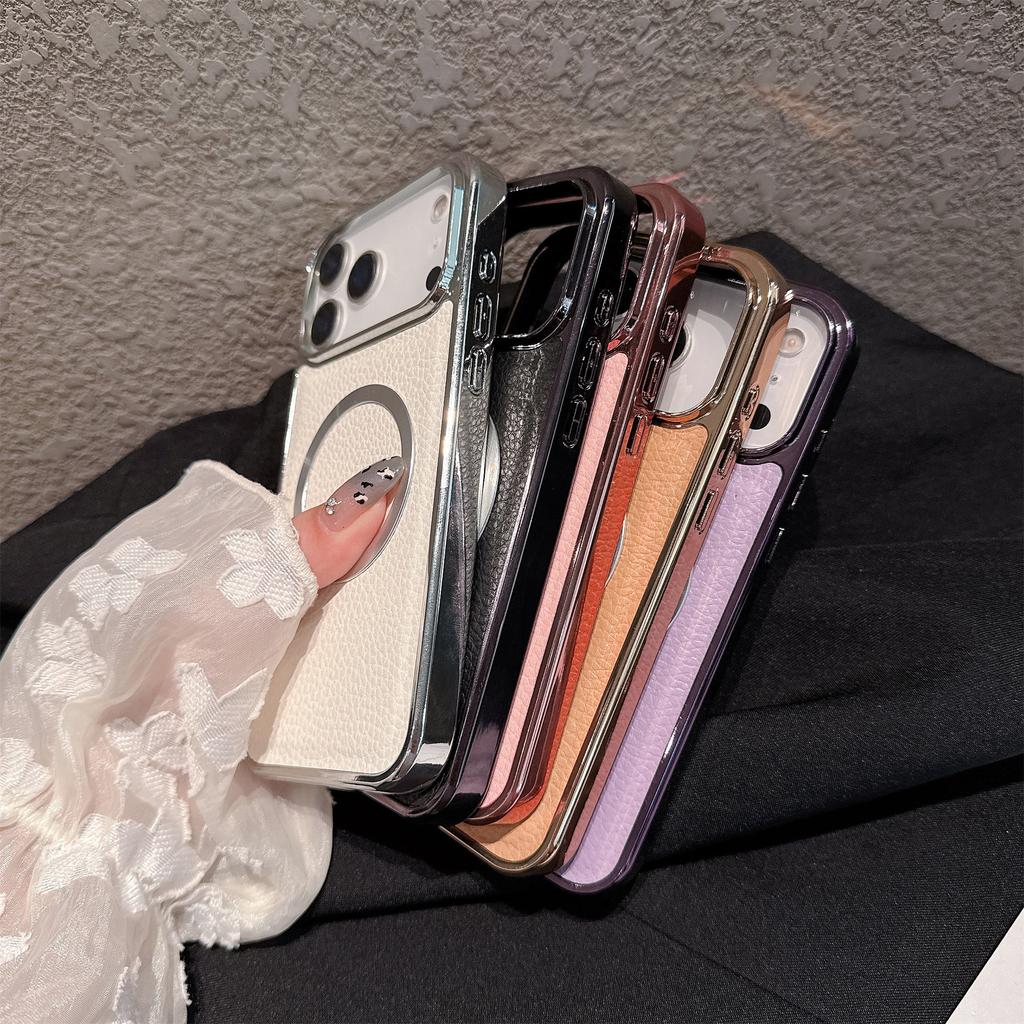 For iPhone 17 Pro Max Magnetic Case Electroplating Litchi Texture PU TPU PC Phone Back Cover