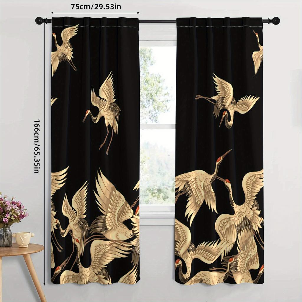 2PCS Blackout Curtains Oriental Golden Chinese Crane Vintage Print Polyester Rod Pocket Top for Living Room Elegant Home Decor
