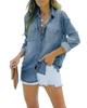 Damen Denim Button-Down Hemd Langarm Lässig Frühling Herbst Bluse Jacke mit Brusttaschen