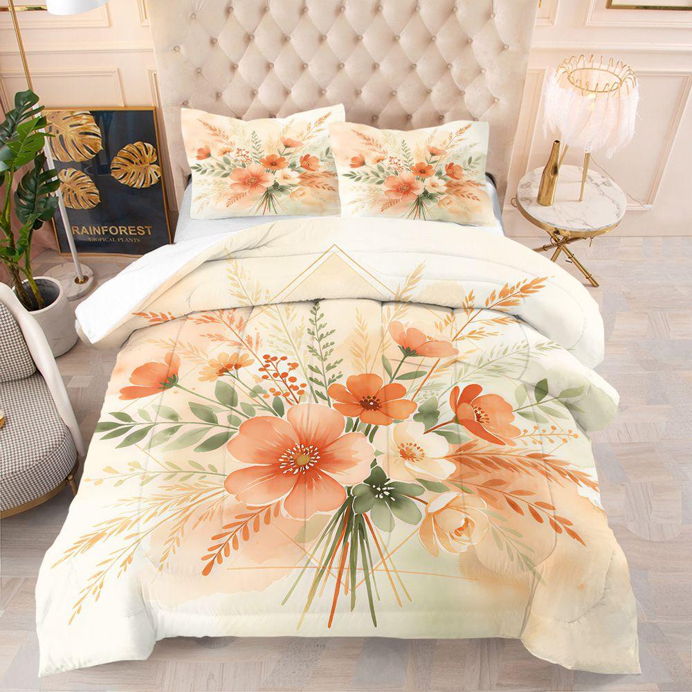 Floral Print Comforter Set Quilt Bedding Set With Pillowcase, Soft Fabric For Women Farmhouse Bedroom Apartment Decor