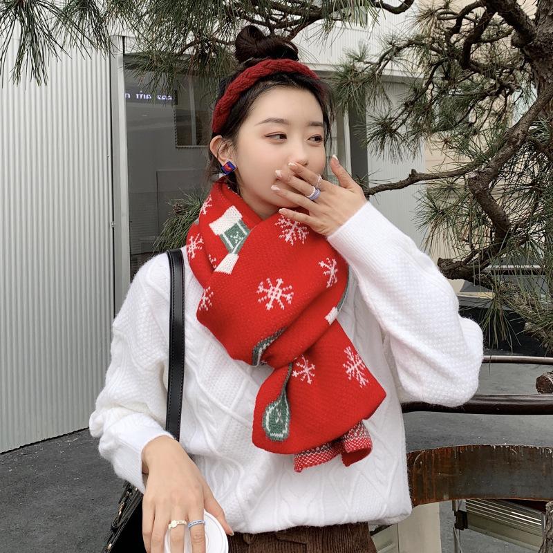 Christmas Gloves and Scarf for Women, Winter Korean Style Versatile Student Autumn/winter Knitted Wool Long Thickened Girl's Neck Warmer