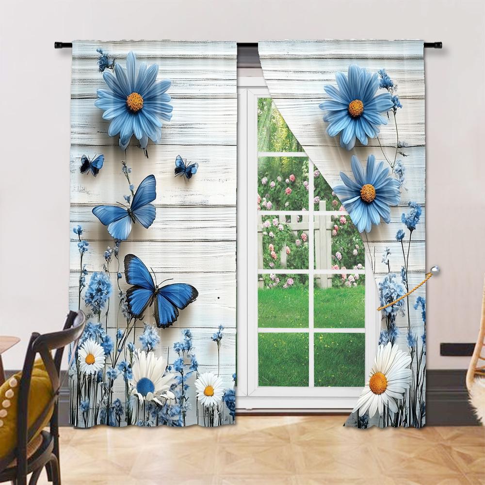 Set Of 2 Rustic Versatile Polyester Transparent Curtains Home Decoration Blue Butterfly Daisy Use Bedrooms Curtain Perfect For Bedroom