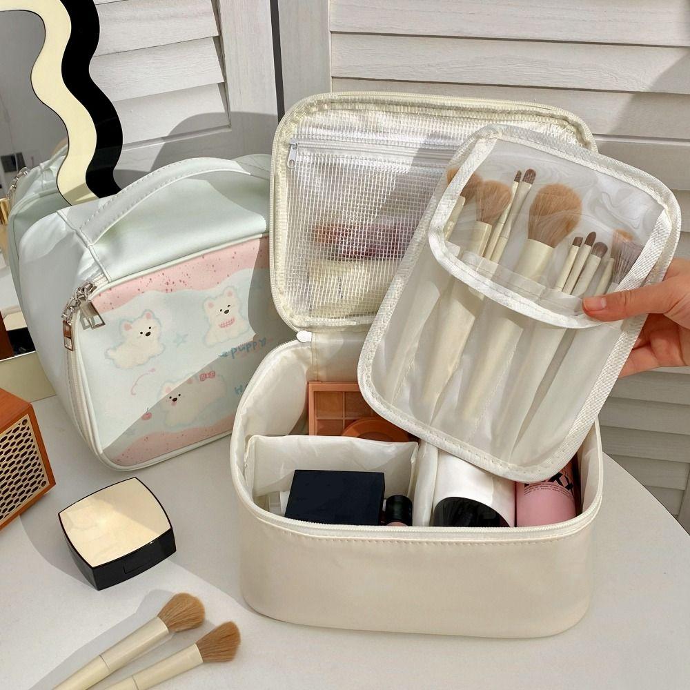 Portable Cartoon Print Sorting Cosmetic Bag Large Capacity with Handle Makeup Bag Square PU Travel Toiletry Bag