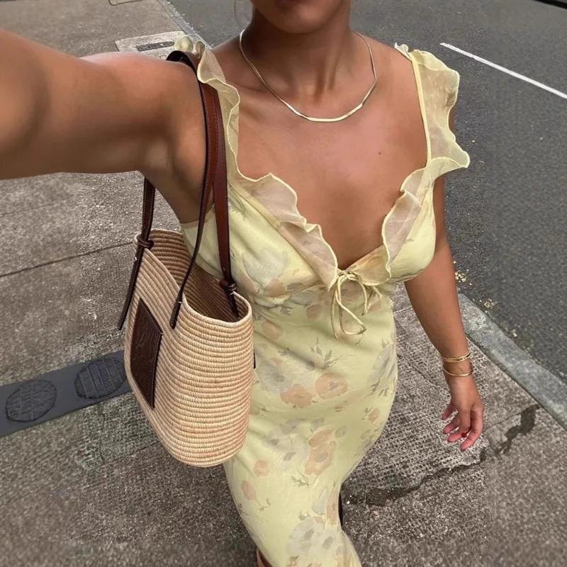 Summer Flower Printed Women's Sexy Low Cut Dress Sleeveless Backless Slim Sling Dresses Beach Vacation Lady Vestidos