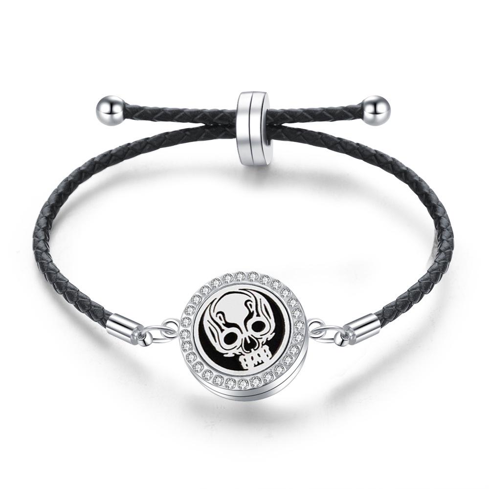 Stainless Steel Tree of Life Aromatherapy Bracelet with Diamonds and Leather Band