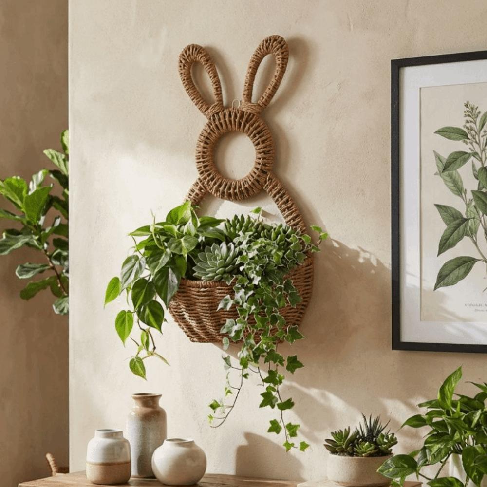 Hand Woven Easter Bunny Basket Natural Willow Handmade Easter Wall Pocket Gift Holder Cute Rabbit Plant Hanging Basket
