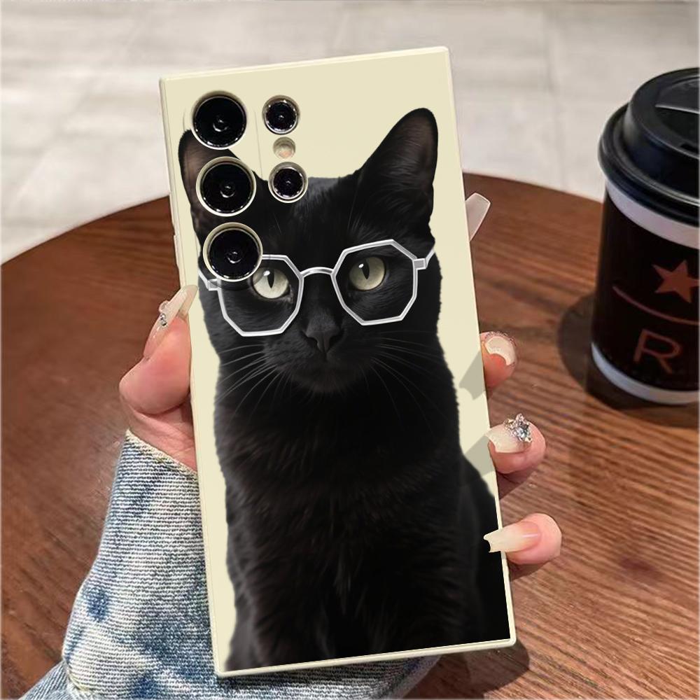 Black Cat In Hexagonal Glasses Case for Samsung Galaxy S25 S24 Ultra S23 S22 S21 S20 FE Plus Soft TPU Slim Fit Shockproof Cover